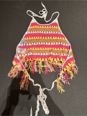 Tobi Crochet Fringe Halter Top in White, Pink, Yellow & Brown